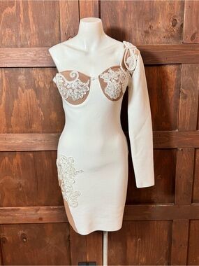 Fashion Nova One-Shoulder Cream Embroidered Bodycon Dress